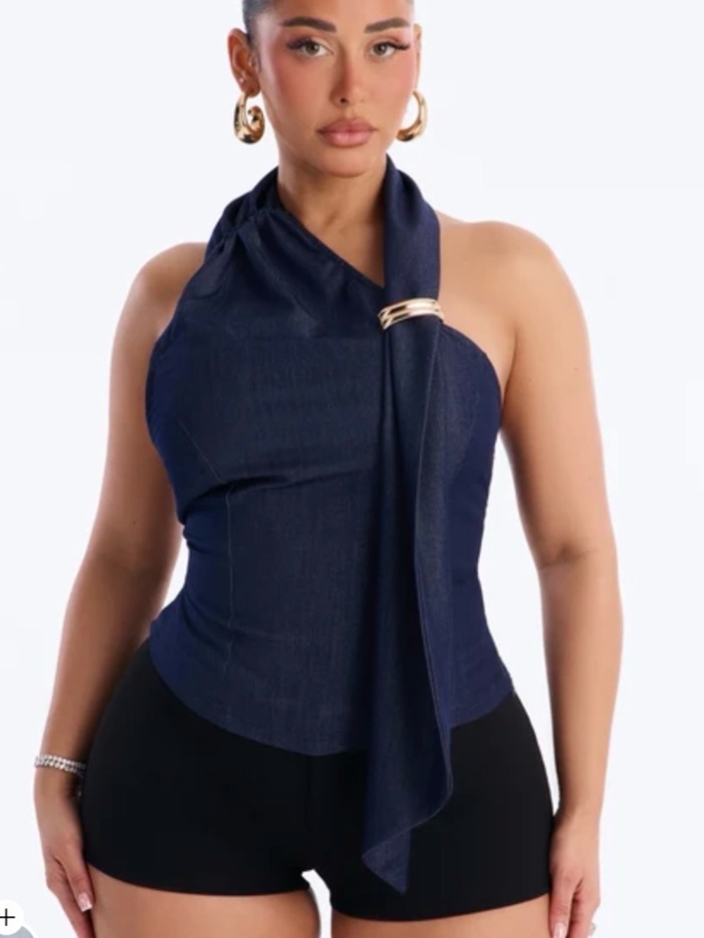 Fashion Nova Navy Halter Scarf Top with Gold Ring